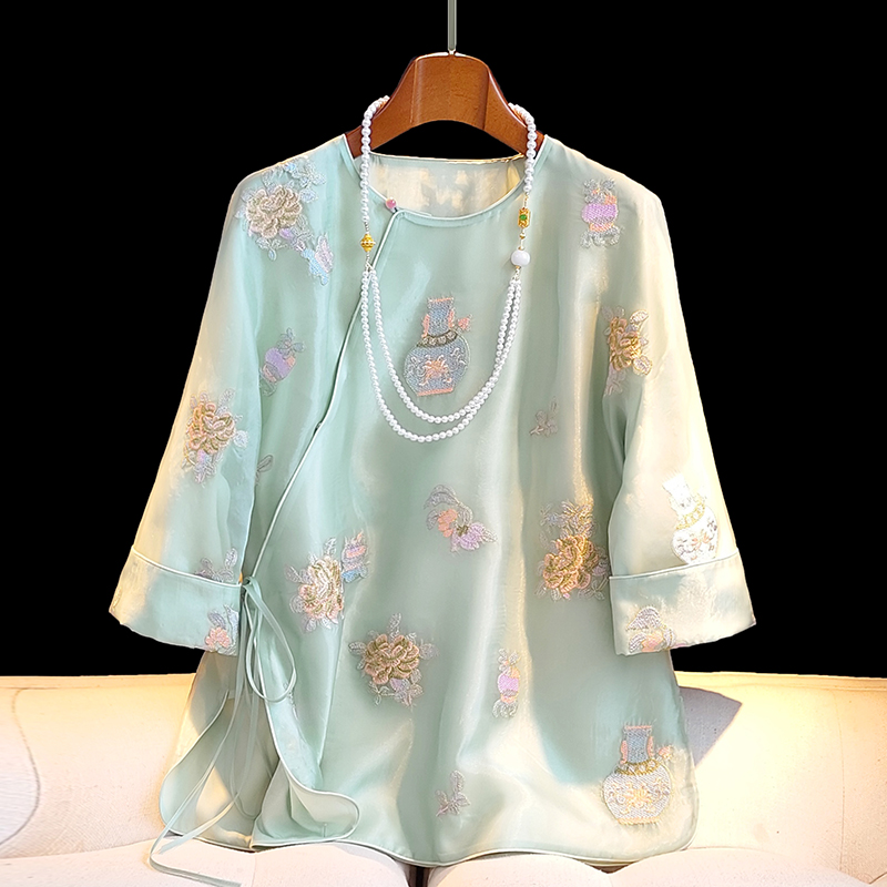 时髦新中式刺绣上衣夏季复古中国风古风日常春夏民族风斜襟宽松