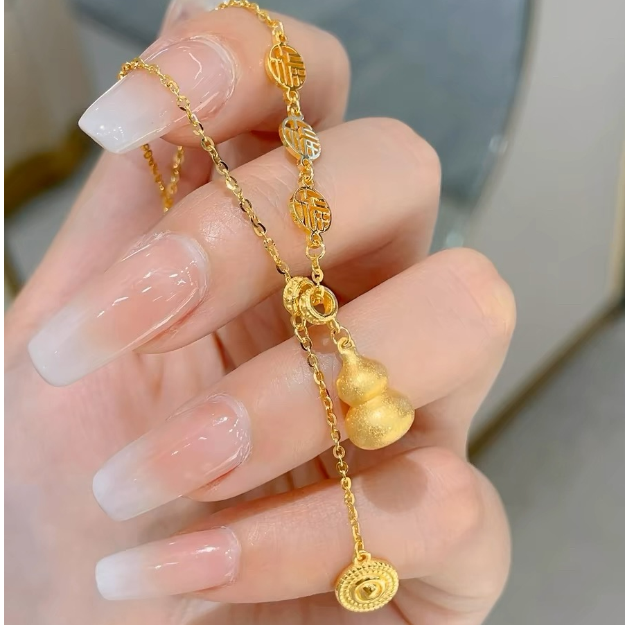 铜合金项链 新中式流苏福字磨砂葫芦项链女款百搭精致锁骨链M扣