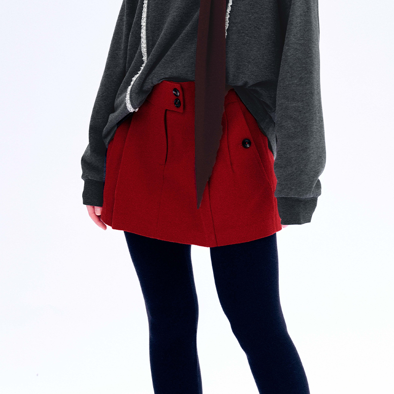 河岸家买手店UHOOWU圣诞系列撞色纽扣羊毛毛呢短款半身裙女25新款