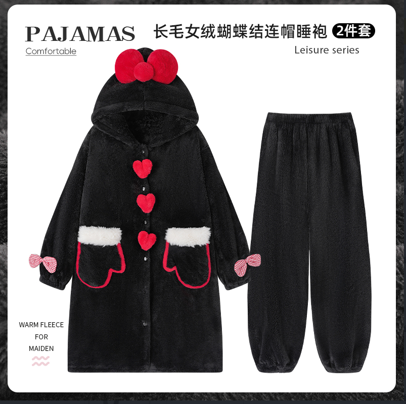 2025新款冬长毛绒连帽睡袍女加绒加厚珊瑚绒保暖睡衣家居服套装