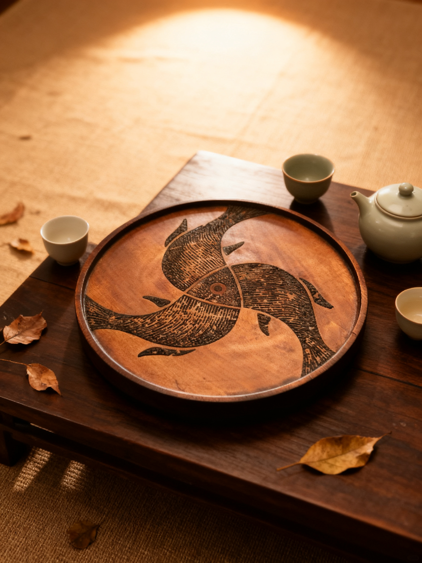 【三鱼共首】古树红樟手工刻绘干泡茶盘围炉煮茶侘寂风茶台茶具托盘