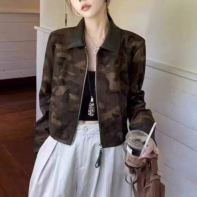 25277#2025新款时尚气质百搭拼皮翻领外套