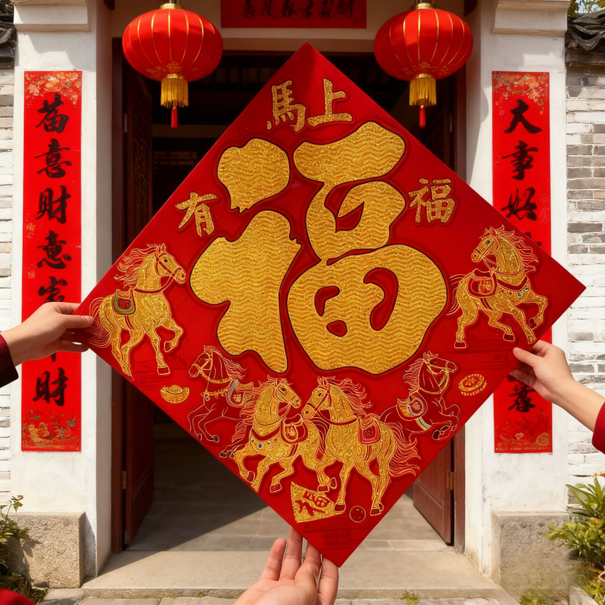 【6张装】马年硬卡烫金新年福字贴平面绒布家用福字门贴新年纳福