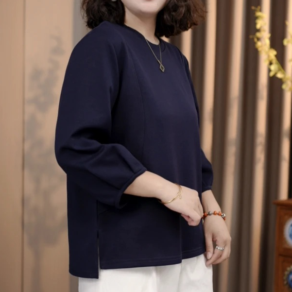 25年秋季新款休闲百搭圆领套头7分袖开叉拼接时尚宽松中老年女T恤