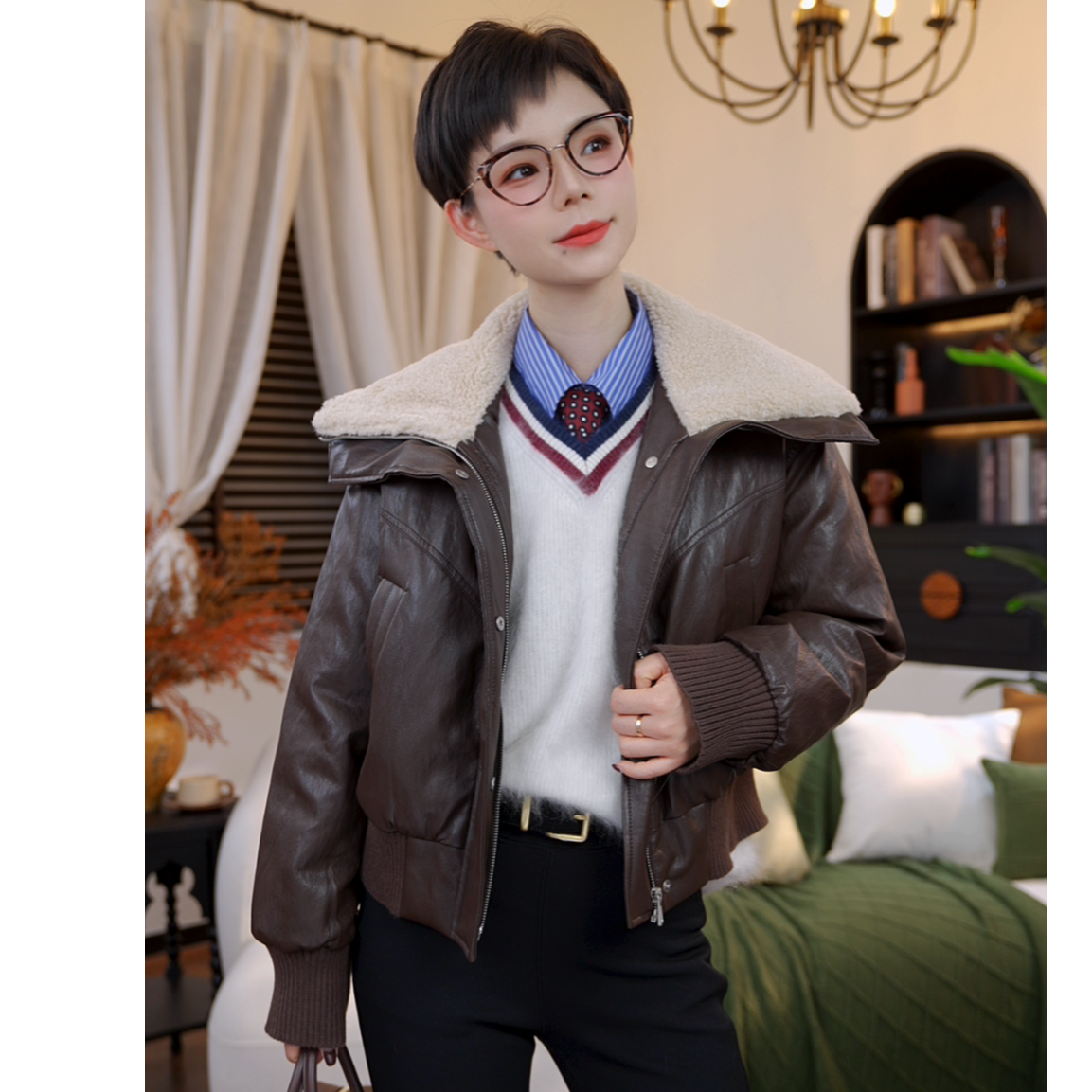 【橙蜜客】酷飒女主 酷飒时尚保暖皮衣外套羽绒鹅绒服2554Y000757