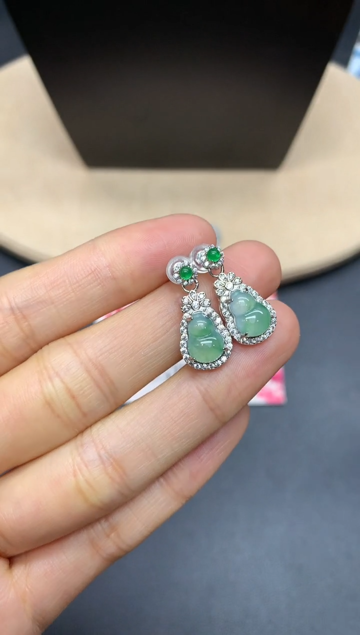 【闪购商品】翡翠耳饰银S925镶嵌葫芦【多样性发其一】