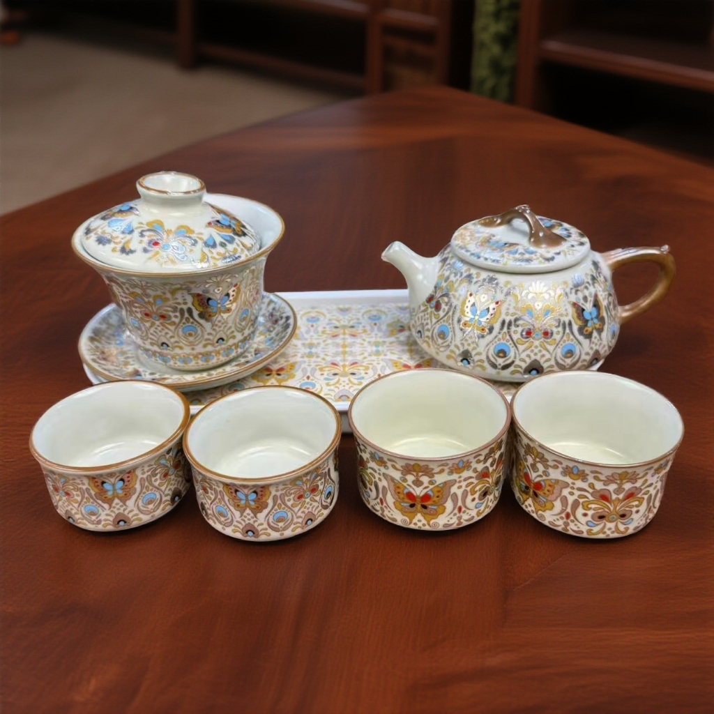 福蝶石瓢壶+盖碗+四杯带茶盘家用精美茶具高档