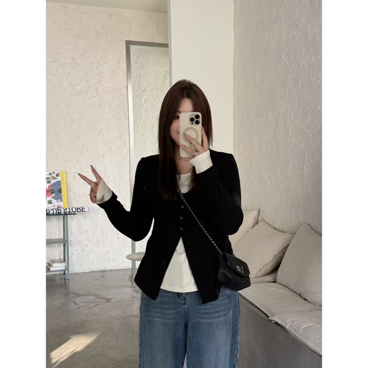 晶咕佳佳【柔光若水】撞色假两件腰间捏褶打底衫显瘦气质长袖时尚