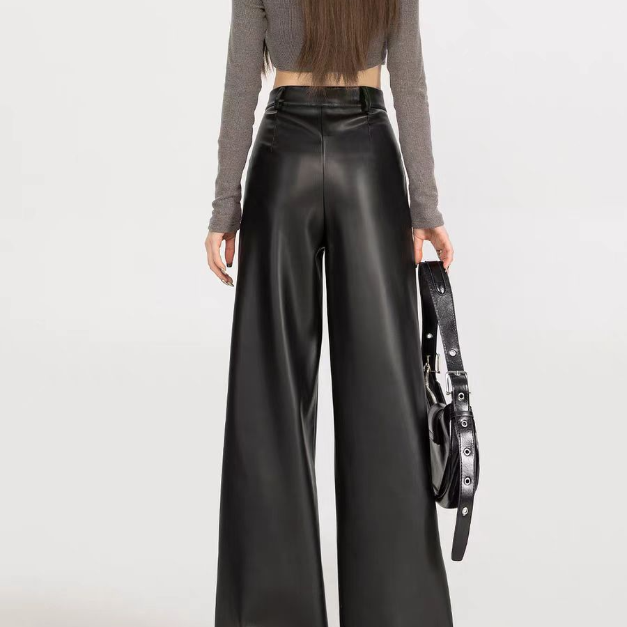 H17黑色皮裤女秋冬2024新款小个子PU皮高腰直筒阔腿裤子春秋