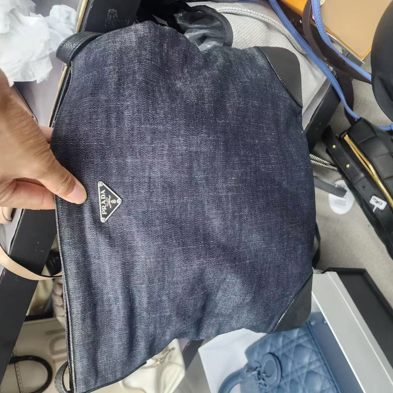 95新 Prada/普拉达 普拉达蓝色牛仔托特/二奢包包