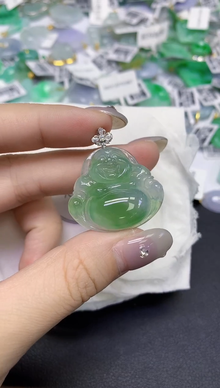 颈饰18K金镶嵌翡翠天然缅甸翡翠A货百元以上9元证书费自理