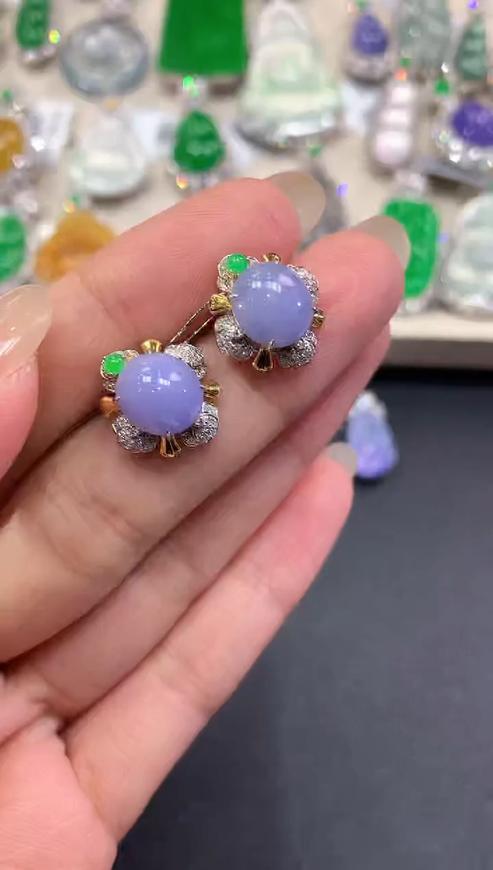 【闪购商品】翡翠耳饰18K金镶嵌q33紫货有色差