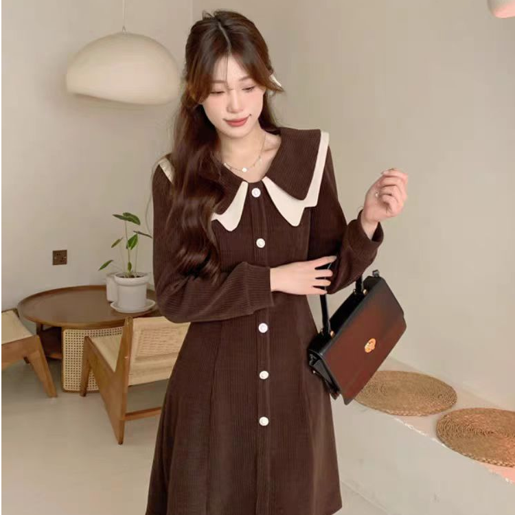 大码胖MM娃娃领长袖连衣裙女秋季新款甜美气质收腰显瘦短裙子1570