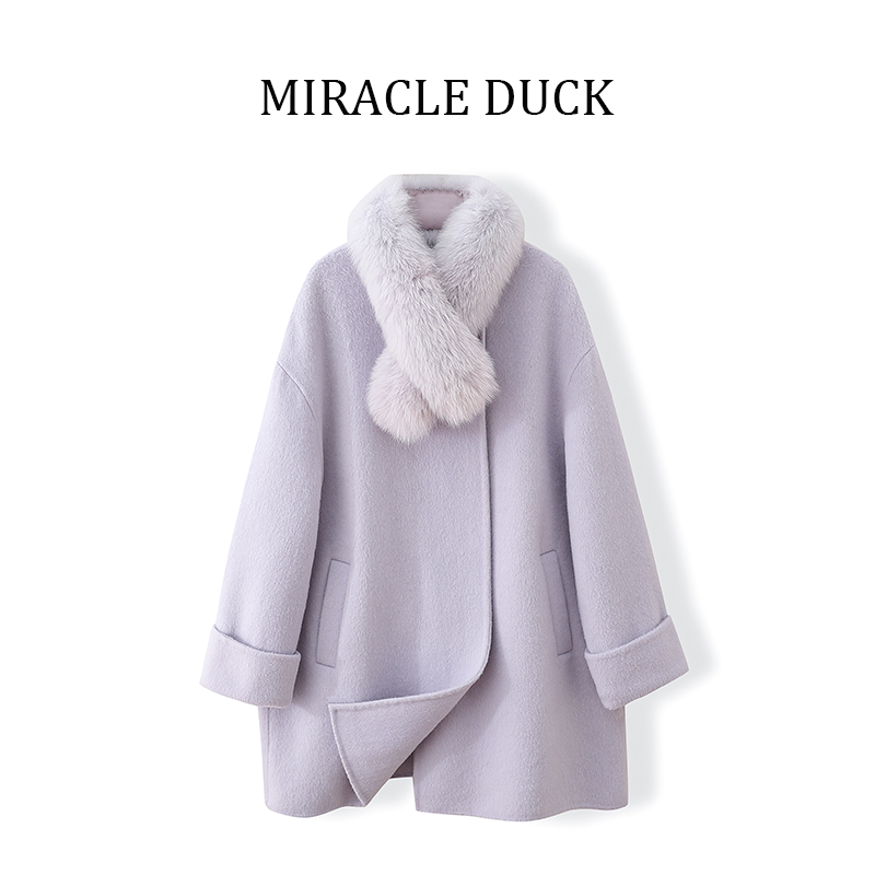 3号【紫色大衣】秋冬气质设计可拆卸毛领双面呢中长款大衣外套C1939