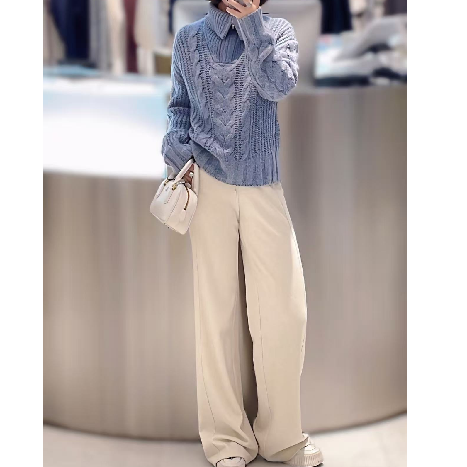 2025艾家同款蓝色针织衫时尚秋冬套头设计师宽松4003