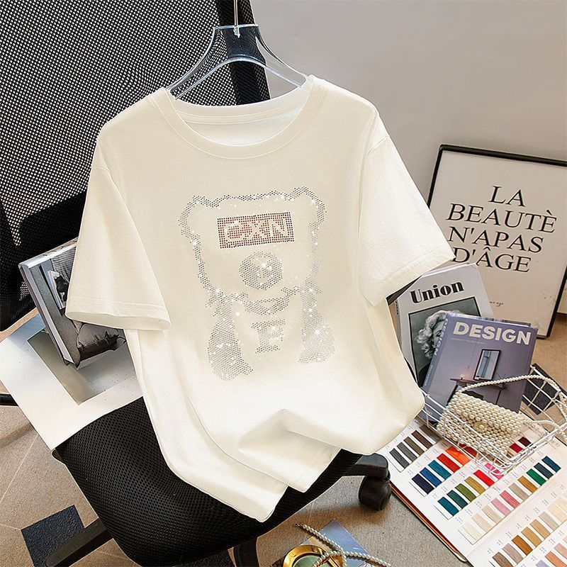 2025夏装新款女士圆领宽松遮肉休闲套头上衣烫钻短袖T恤