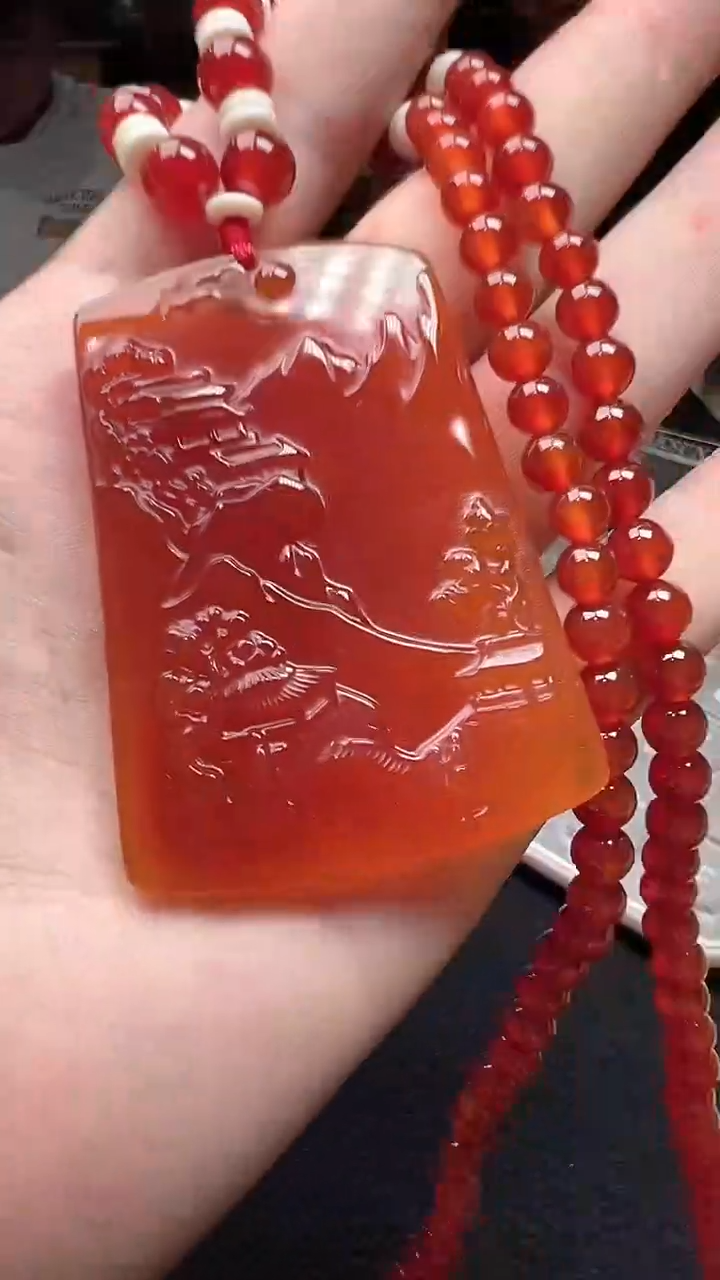 玛瑙/玉髓颈饰未镶嵌6734带珠链满红山水牌多样性发一个