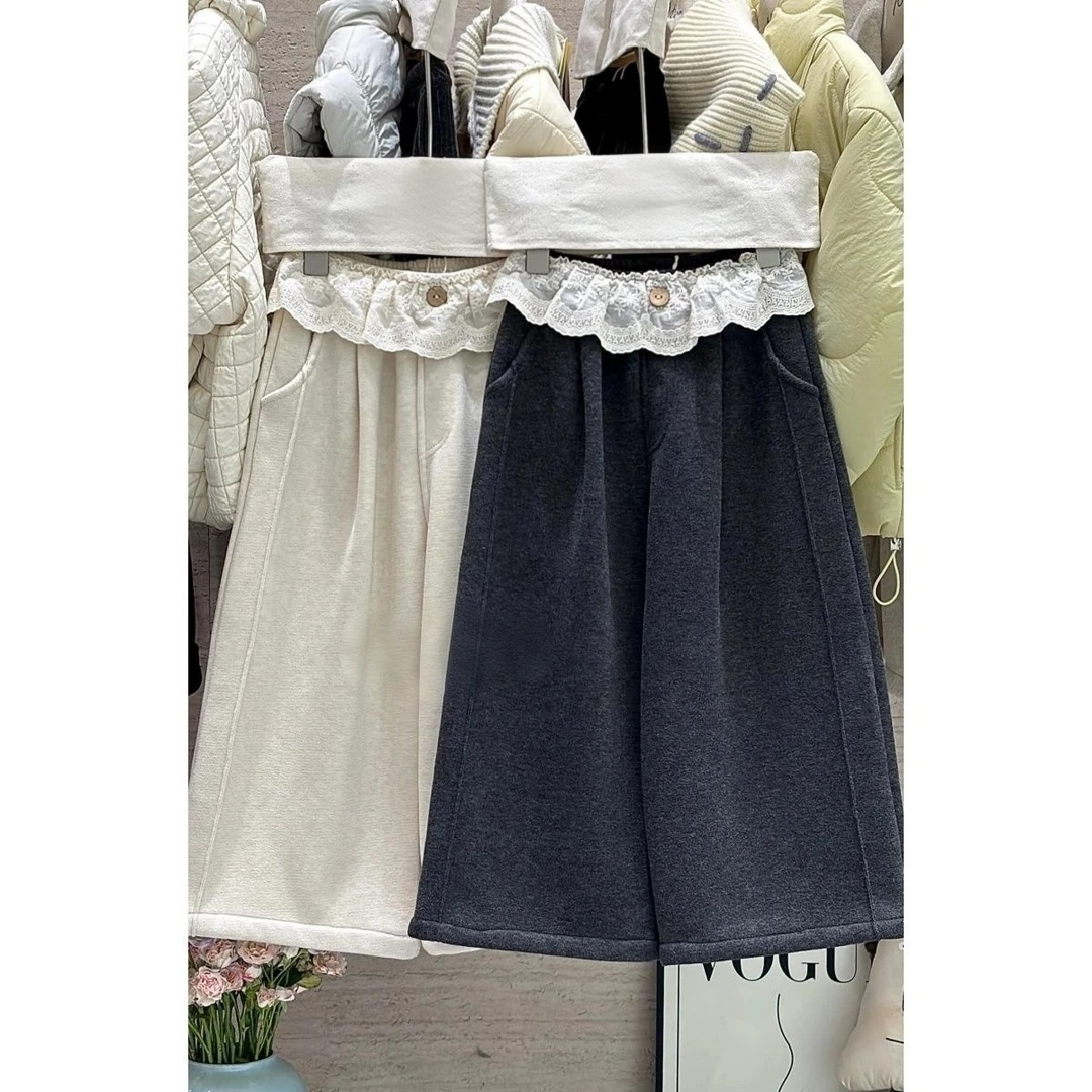 25秋冬韩版女童宝宝百搭洋气加绒花边直筒裤儿童时髦休闲长裤潮