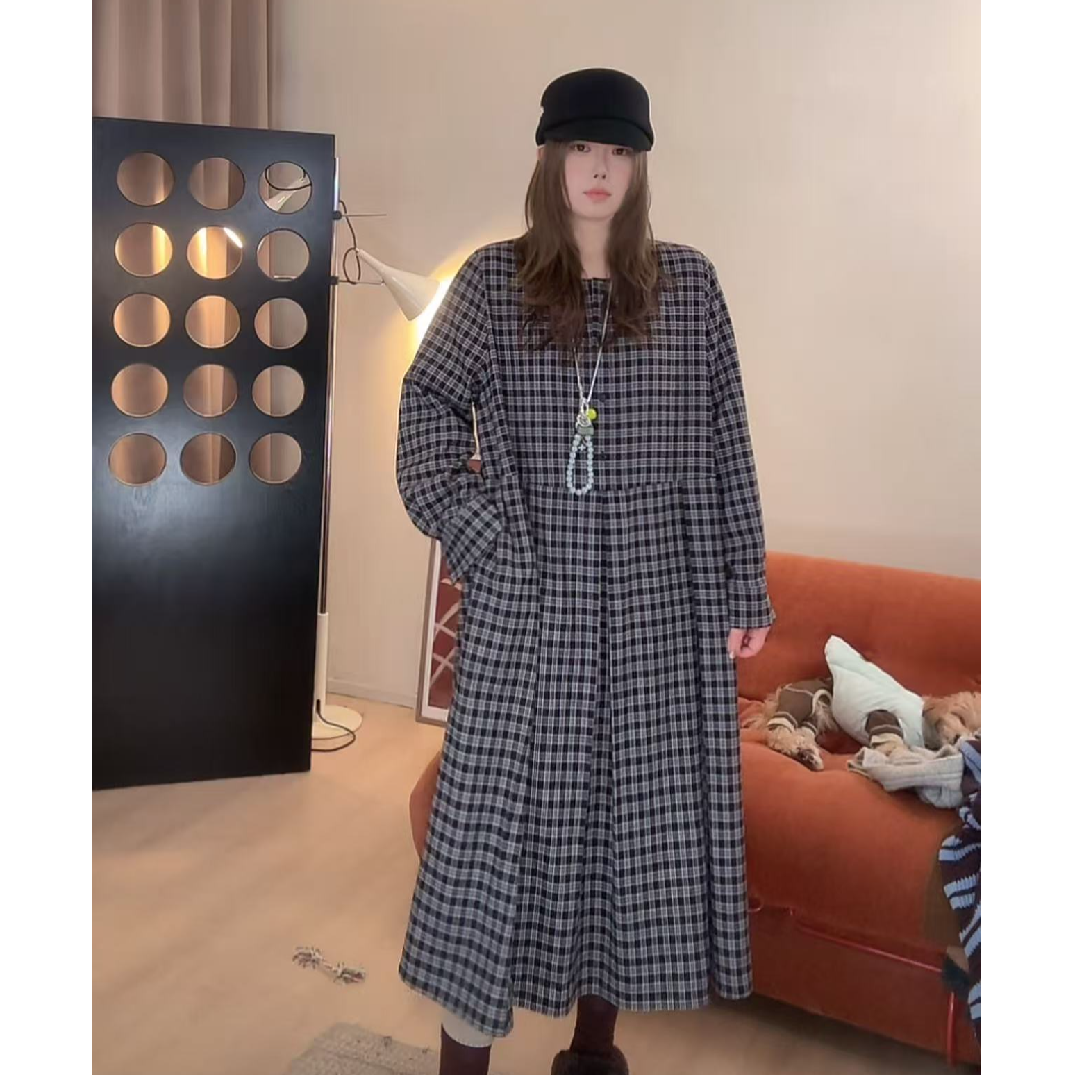 晶咕软软【古典庄园】复古宽松设计感厚款格子连衣裙