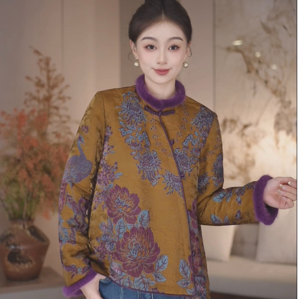 【语辰原创】YC 69908 新中式国风复古提花水貂毛领棉服