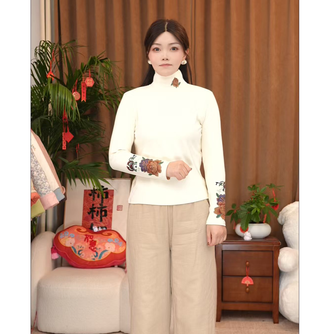 【繁花】双面德绒高领牡丹刺绣打底衫女冬季百搭长袖T恤保暖上衣