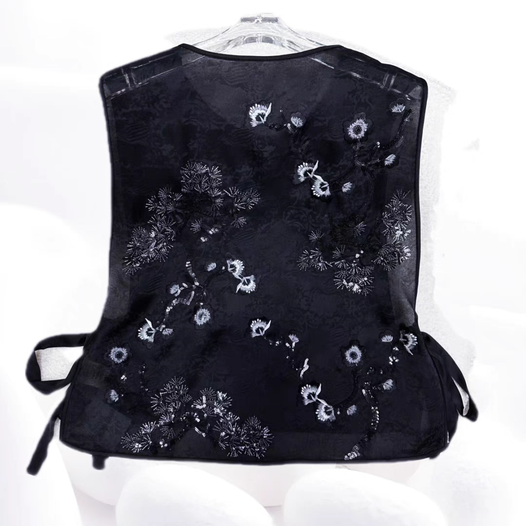 【青松海棠真丝绡马甲】里外双层全100%桑蚕丝马夹刺绣钉珠dz213