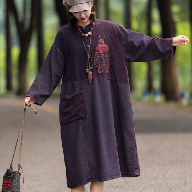 2025春季新款牛仔老布拼接连衣裙宽松休闲复古长袖