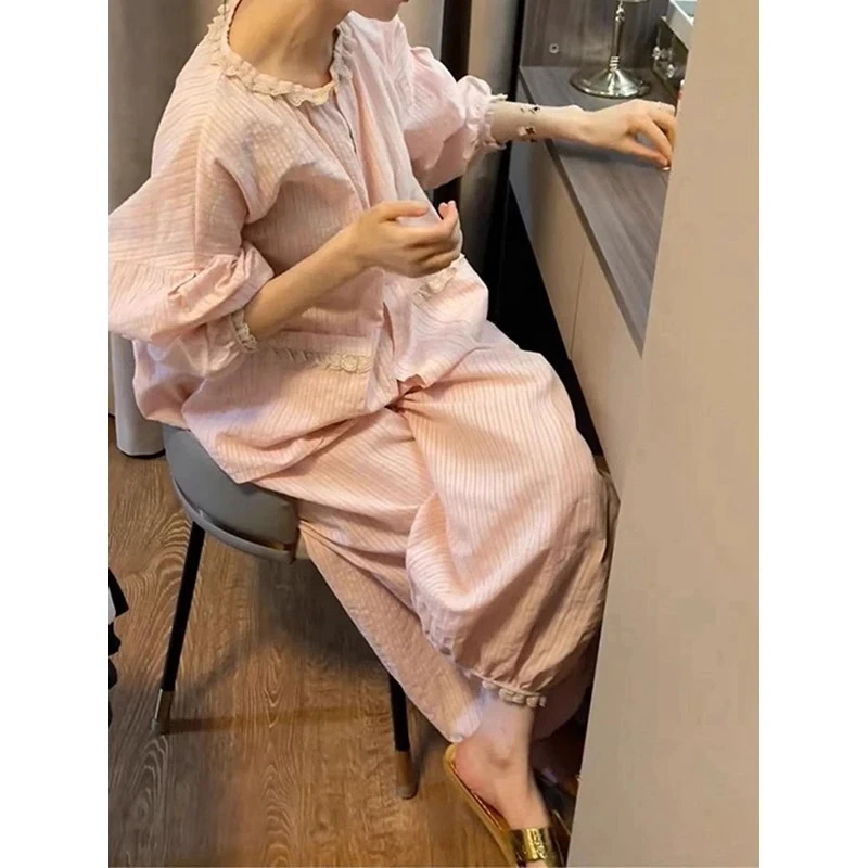慵懒风家居服套装2025韩系穿搭春秋季减龄宽松时尚休闲甜美条纹