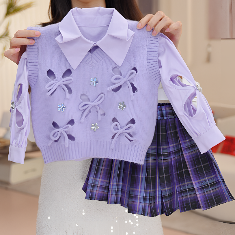 【现货】女童秋欧若风套头少女风春秋套装女孩马甲三件套QD50006