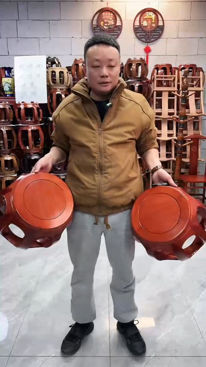 【闪购商品】花梨木类家具西非花梨木花梨色小号鼓凳一对