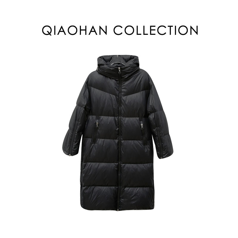 俏韩【大黑】加厚长款连帽白鹅绒纯色面包保暖廓形羽绒服