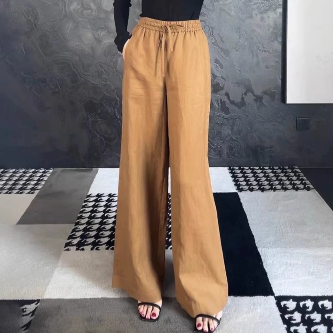 阿玛施休闲时尚松紧腰气质百搭高腰直筒长裤 5100552