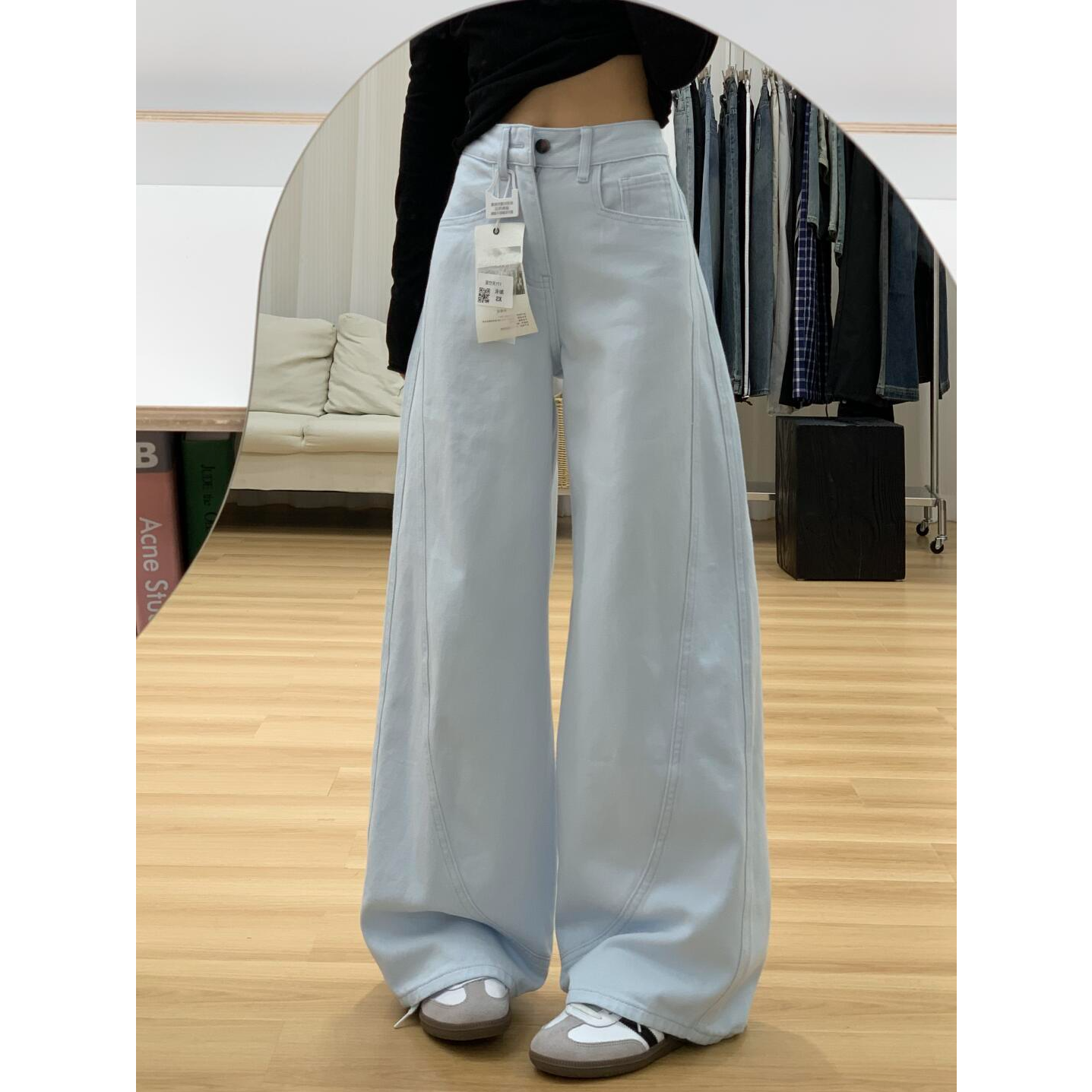 天空蓝高腰宽松弯刀裤女2025春设计感拖地女阔腿牛仔裤TZQ2520824