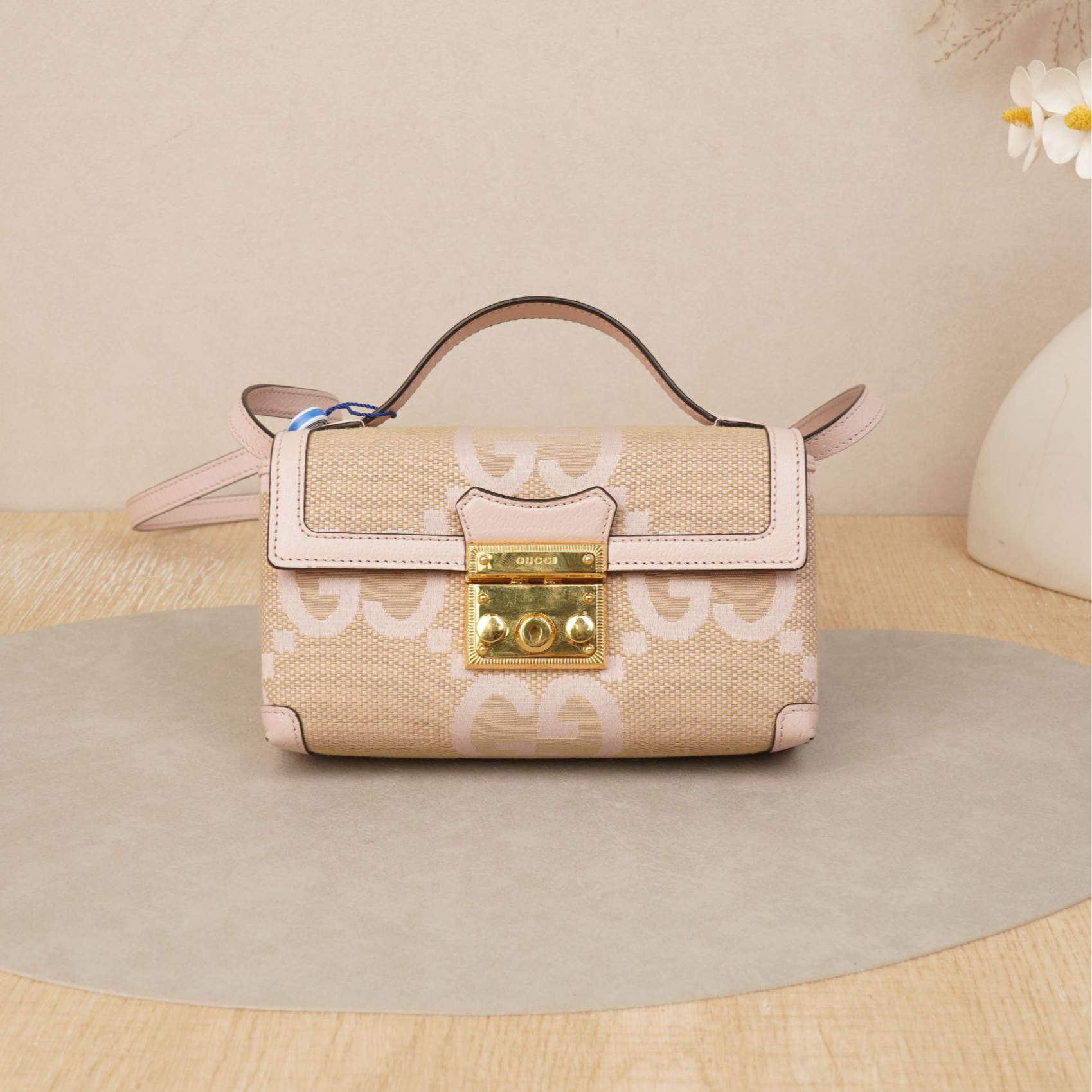 95新 GUCCI/古驰  古驰老花拼粉盒子包mini粉色/DS036882