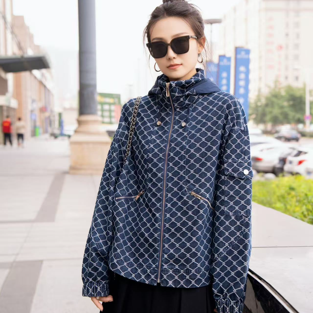 阿玛施AMASS【潮流时代】新款痞帅格纹百搭连帽牛仔外套540030