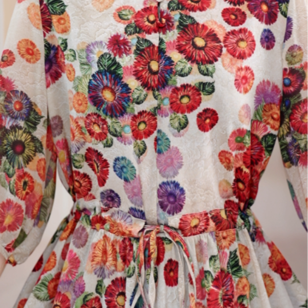 彩色太阳花连衣裙高贵显瘦新款夏季中年妈妈装法式中长款-琳琳