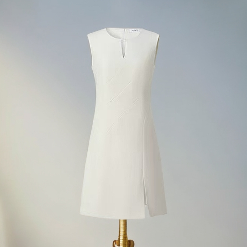 GXO女装气质奶白色醋酸混纺无袖连衣裙2025春夏新款LYQ0077