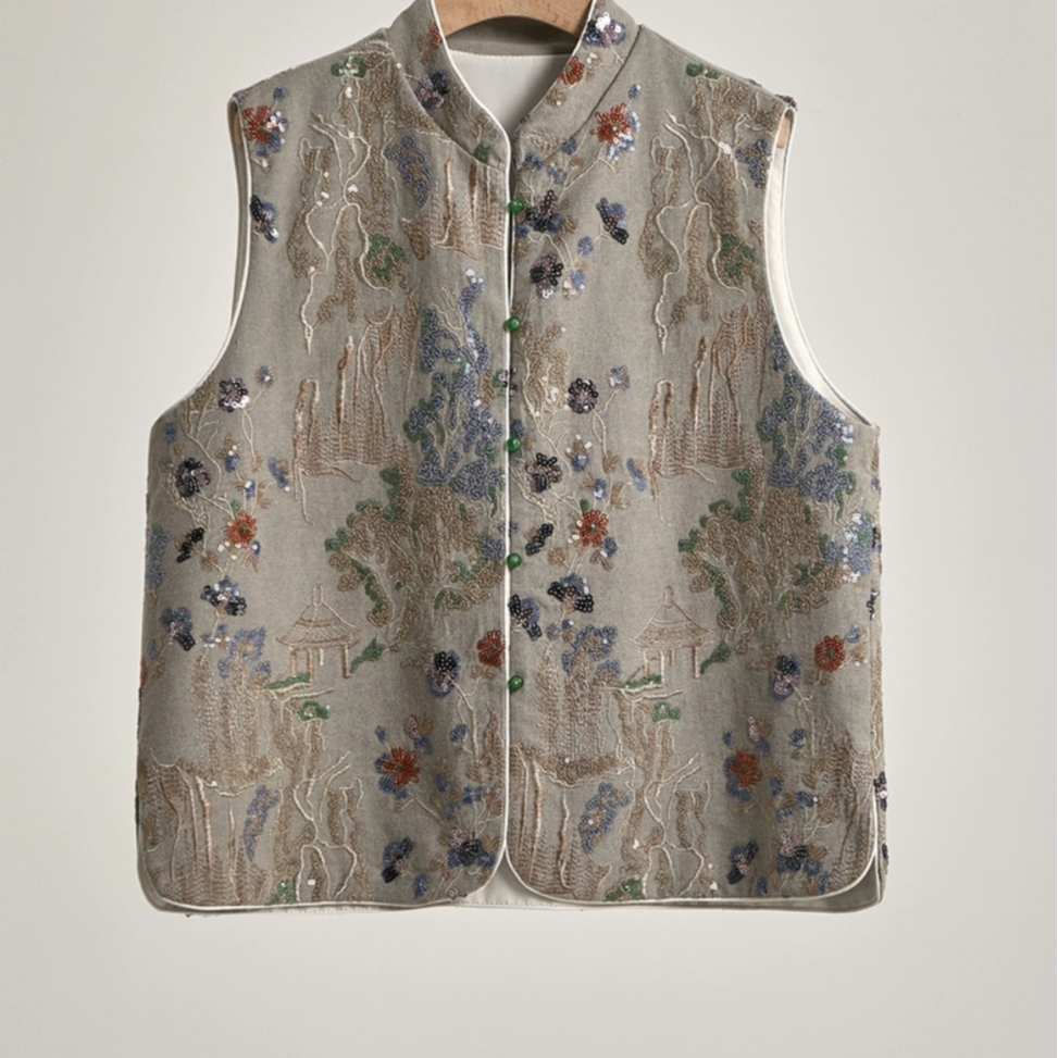 【NA家】新中式国风刺绣亮片马甲背心复古立领休闲坎肩上衣春季
