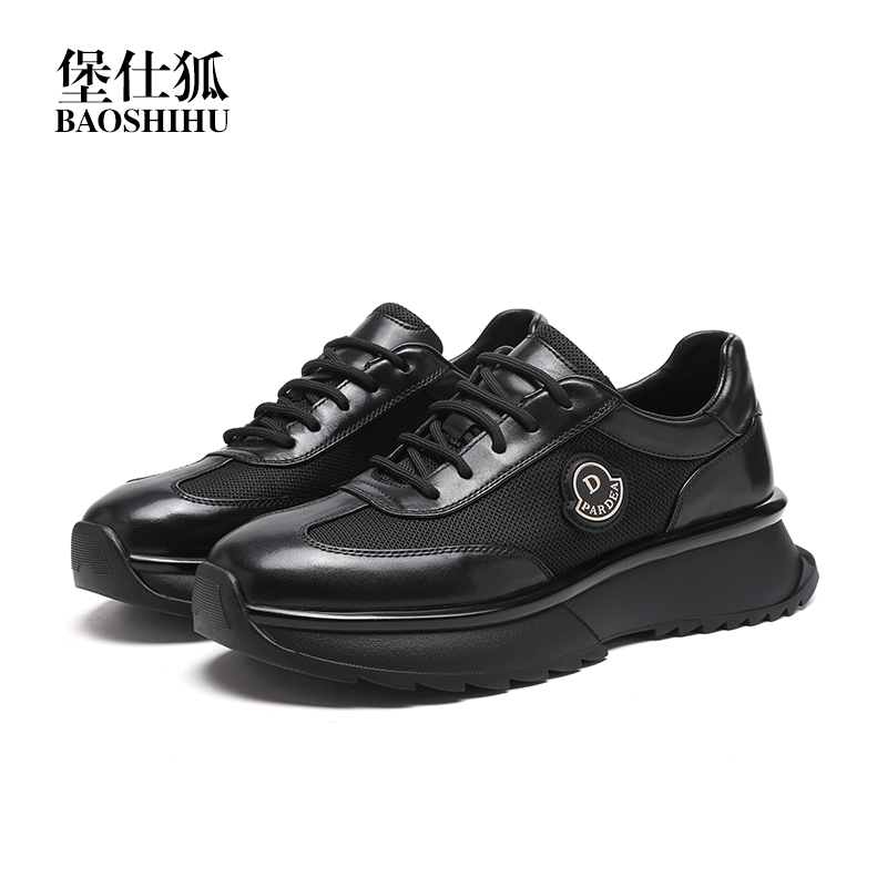 男士夏季痞帅新款透气黑色牛皮运动鞋皮鞋慢跑上班通勤男鞋纯黑