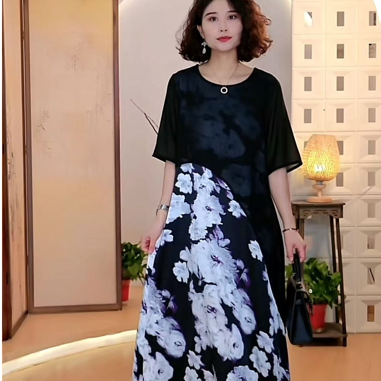 乔其纱海棠花印花连衣裙B2-45
