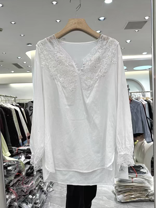 重工串珠蕾丝刺绣V领套头亚麻衬衫上衣女