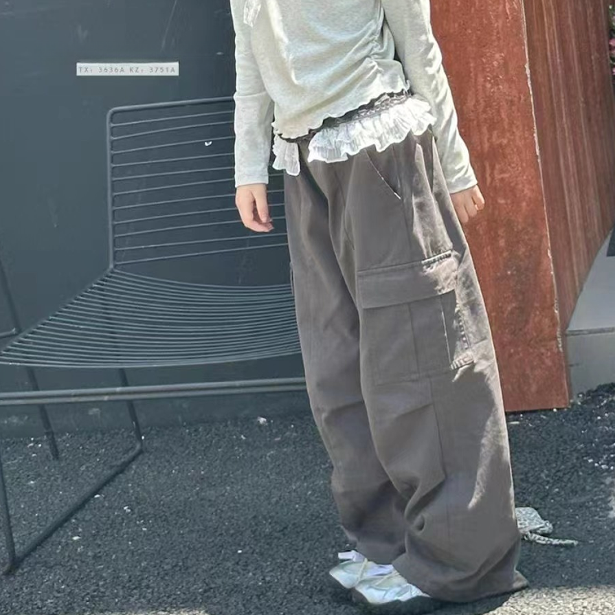 【豪宝贝】2025秋款蕾丝花边深林绿口袋工装裤3751