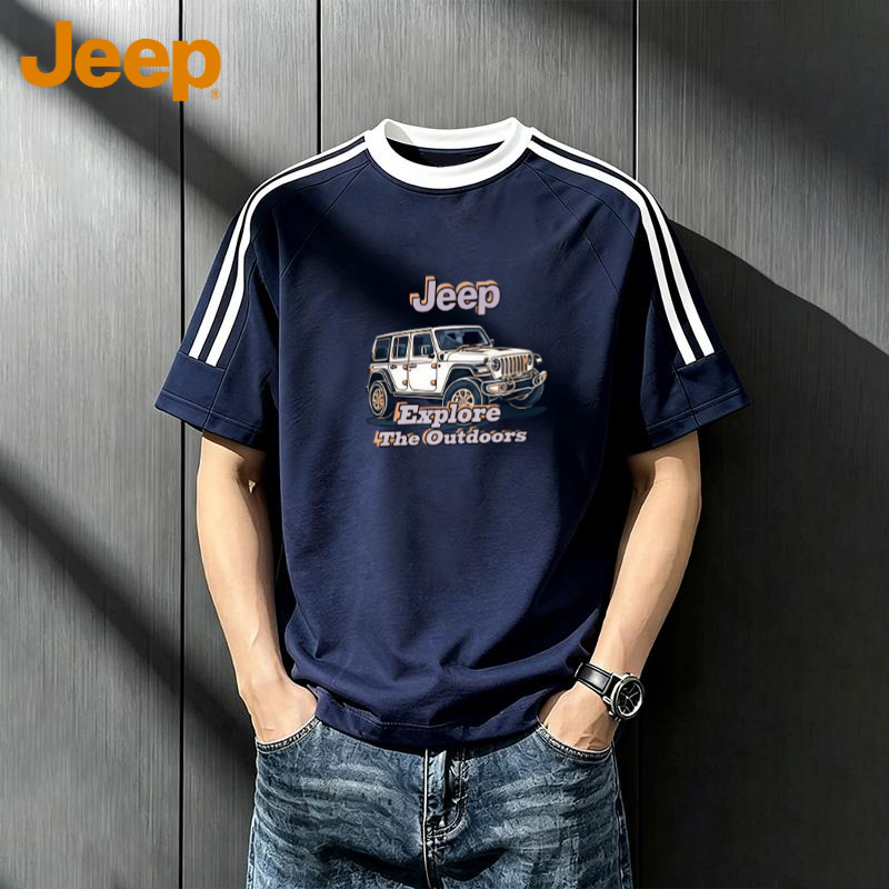 JEEP吉普重磅纯棉T恤男潮牌撞色条纹短袖2026夏季休闲运动半袖男