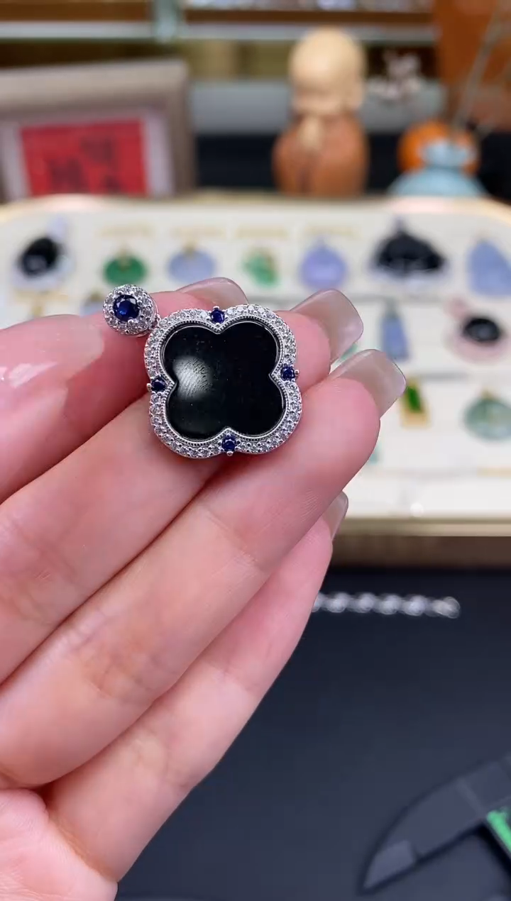 吊坠(不含链)未镶嵌翡翠墨翠四叶草吊坠@@CMT0887