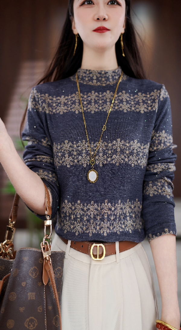 Y316款时尚百搭气质宽松减龄加绒半高领长袖上衣-悠悠