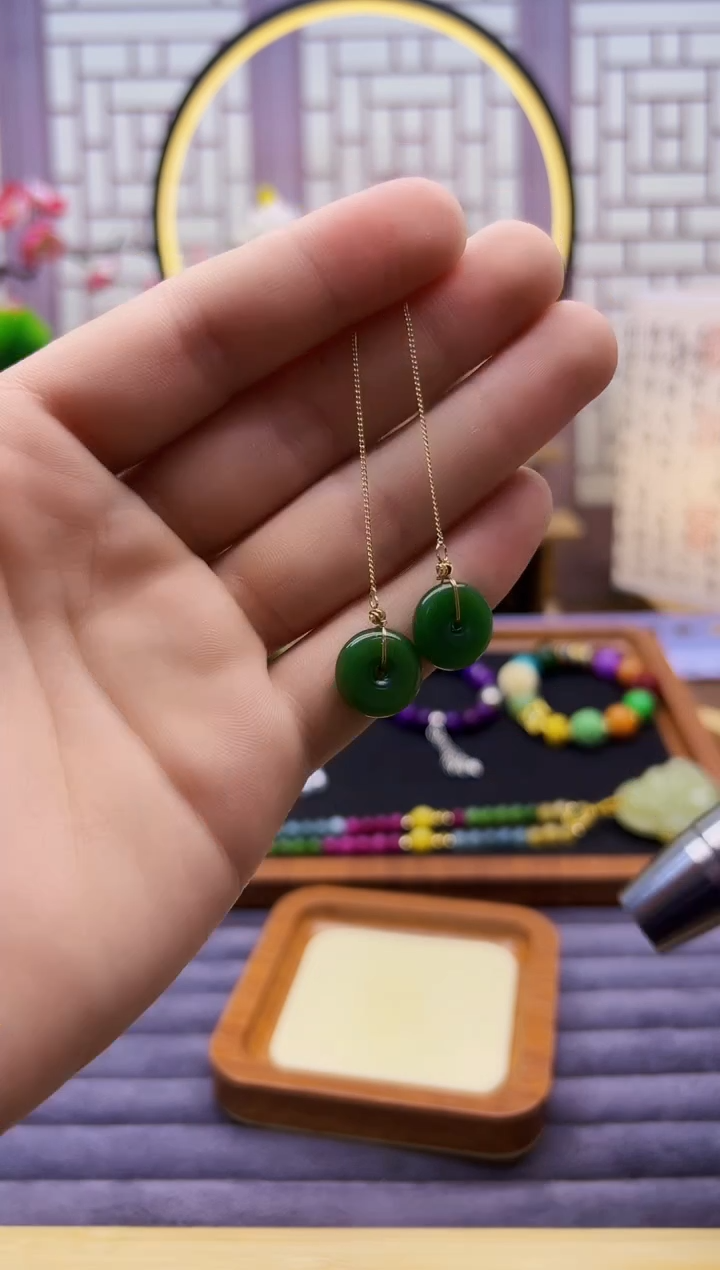 和田玉14K金镶嵌耳饰E403