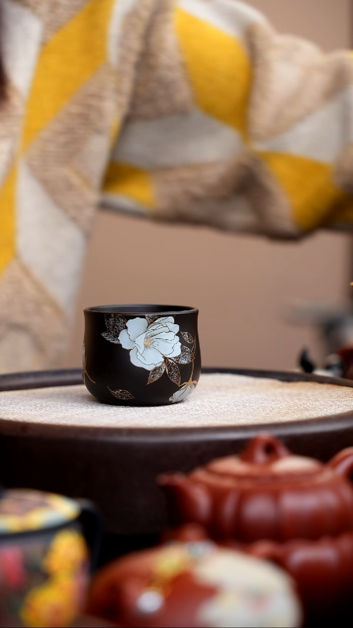 茶壶紫砂捂灰朱泥银牡丹圆线杯