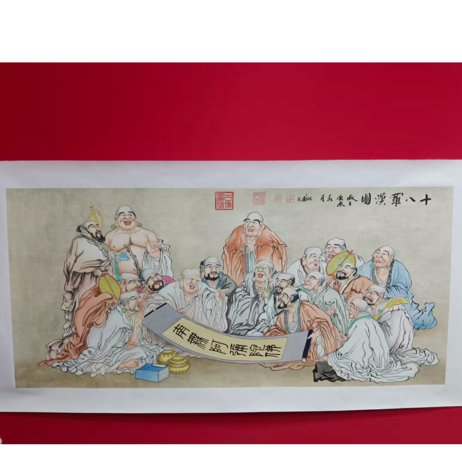 李新社手绘宣纸四尺横幅十八罗汉-人物画