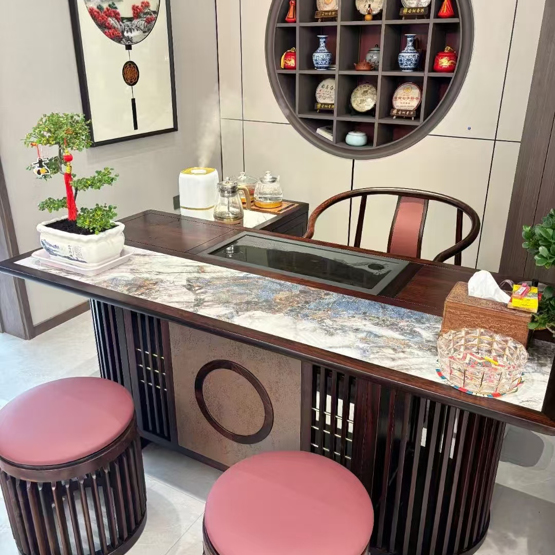 （1.8米或2.2米）茶台----黑檀全实木岩板+乌金石台面茶台时尚轻奢