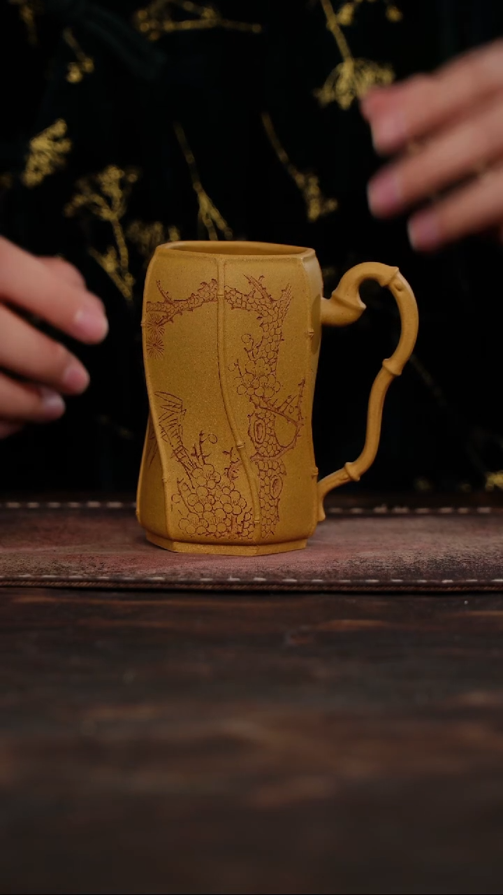 茶杯紫砂非遗茶器-岁寒三友手把